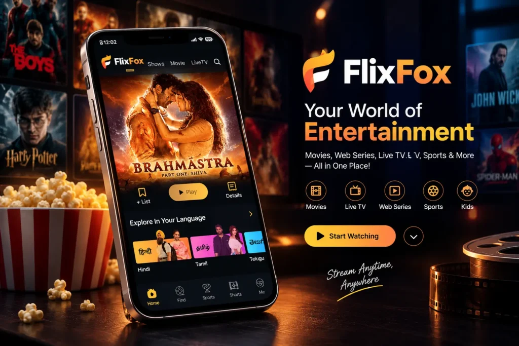 FlixFox streaming app hero banner featuring a smartphone mockup with movies, TV shows, sports, and entertainment content.