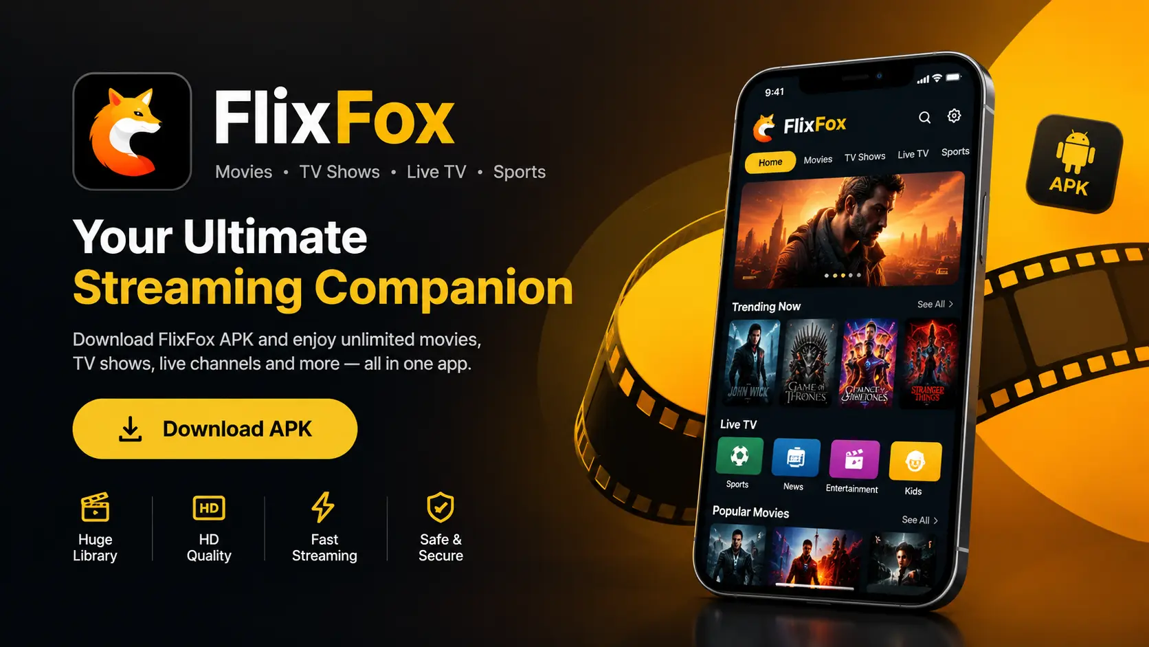 FlixFox APK streaming app hero image with a smartphone mockup displaying movies, TV shows, live TV, and sports