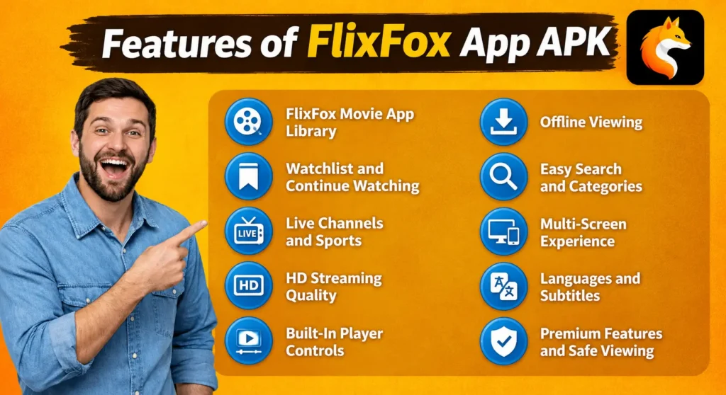 FlixFox app APK features including movie library, HD streaming, offline viewing, watchlist, and live sports